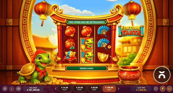 Fortune Tarta – Spielbildschirm mit Walzen und Schildkröte
